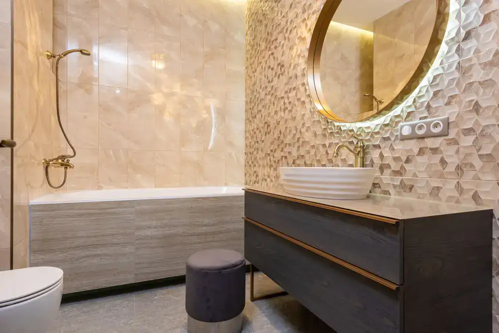 Geometric contemporary tiles with chalk white and muted gold accents